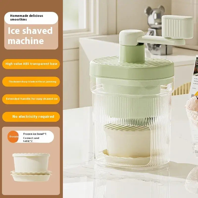 A mint green manual ice shaved machine with a transparent base and ribbed design, featuring an extended handle for easy operation.