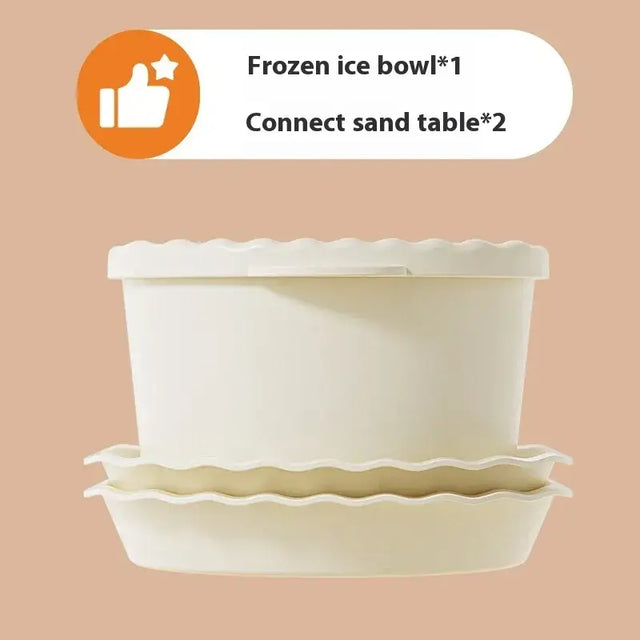 Cream-colored plastic frozen ice bowl with a scalloped rim.