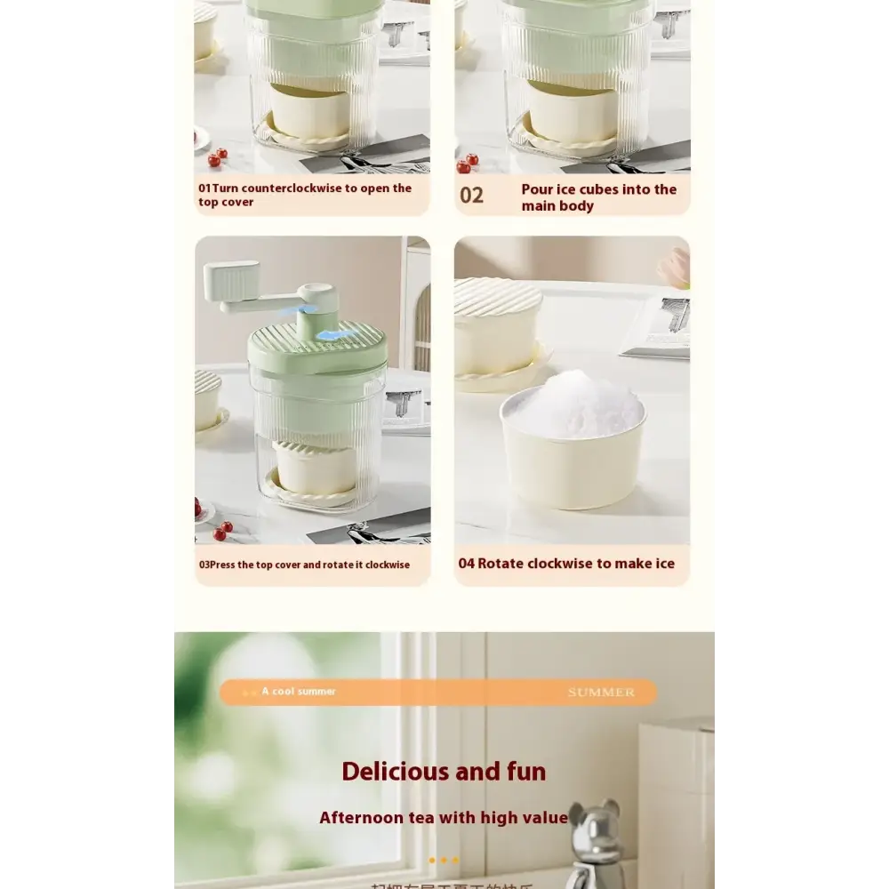 Light green manual ice maker with a crank handle and transparent cylindrical body.