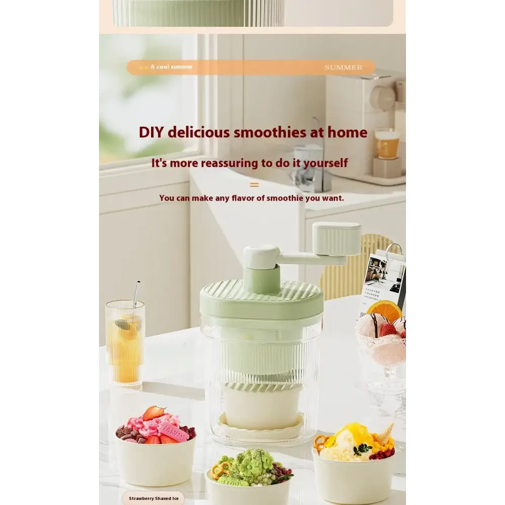 Light green plastic handheld smoothie maker with a transparent container and white handle.