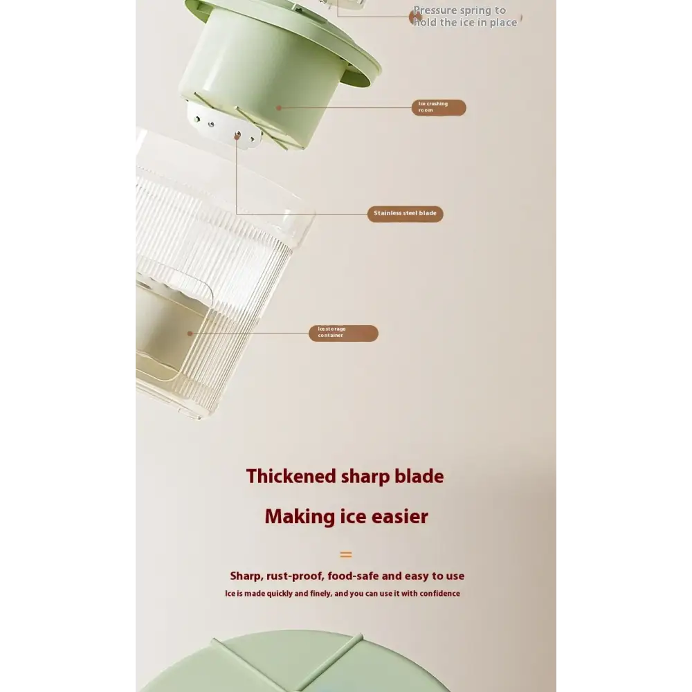Light green plastic ice crusher with a stainless steel blade and clear storage container.