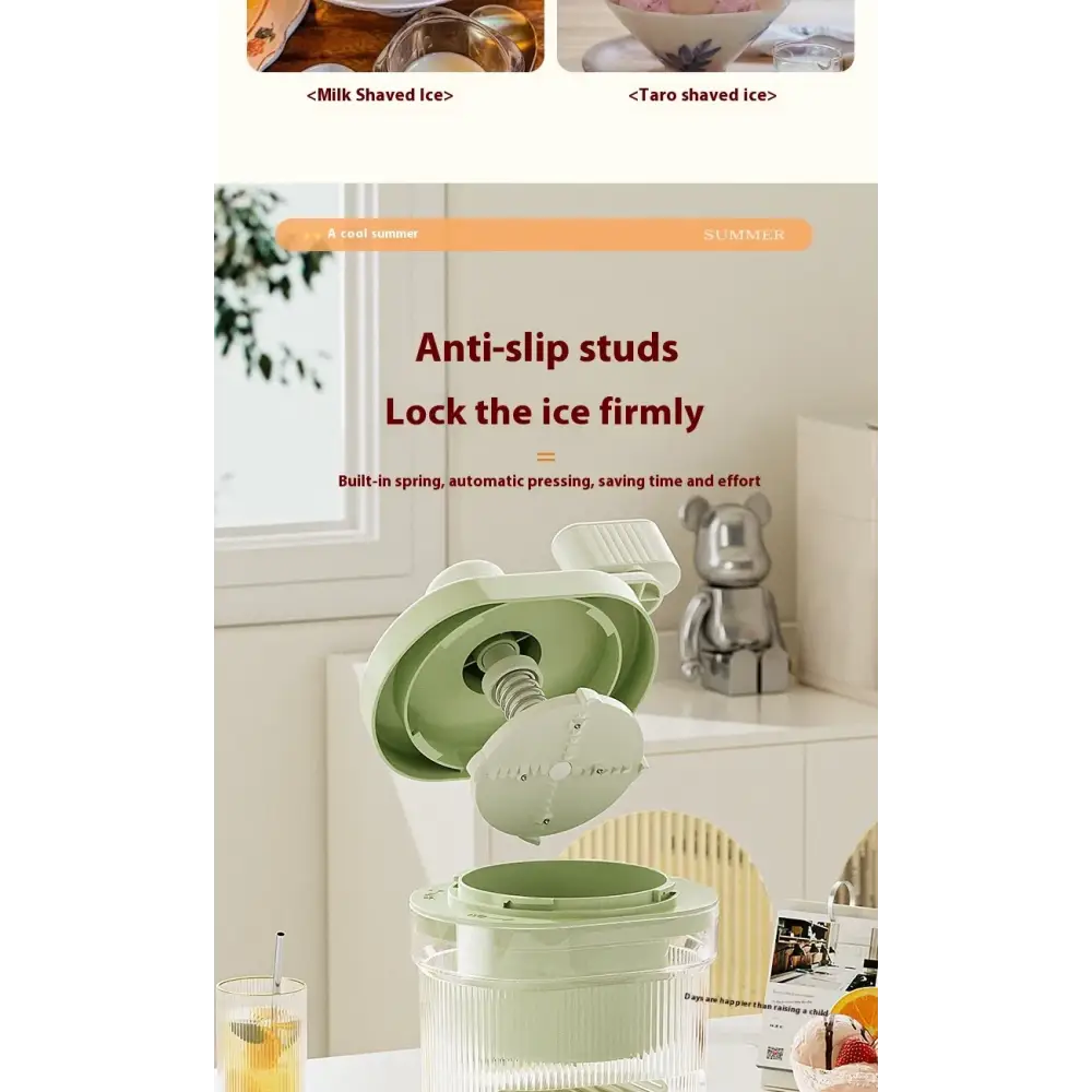 Light green plastic ice shaver with anti-slip studs and a built-in spring mechanism.