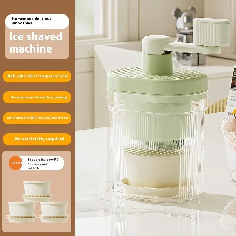 A mint green and transparent plastic ice shaved machine with a ribbed handle for easy operation.