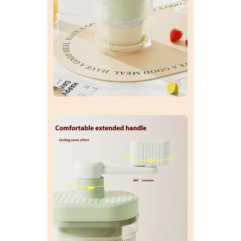 A sleek, light green and transparent blender with a ribbed glass jar and an ergonomic handle for easy operation.