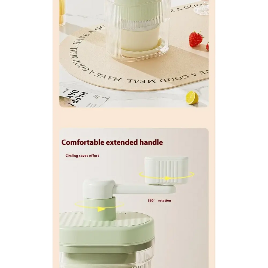 A sleek, light green and transparent blender with a ribbed glass jar and an ergonomic handle for easy operation.