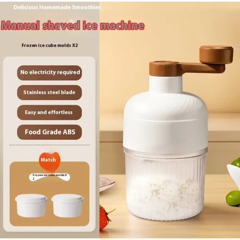 White and brown manual shaved ice machine with a stainless steel blade and food grade abs plastic body.