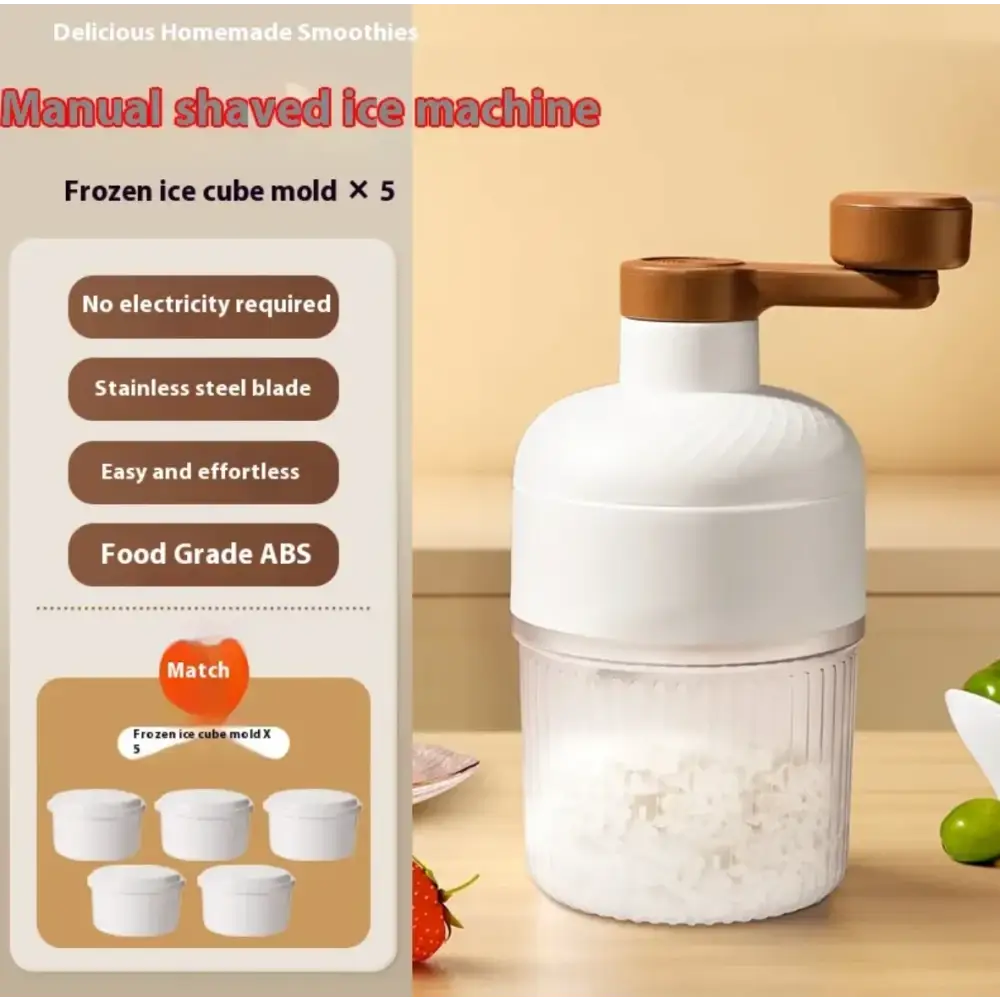 White manual shaved ice machine with a wooden handle and stainless steel blade.