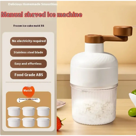 White manual shaved ice machine with a wooden handle and stainless steel blade.