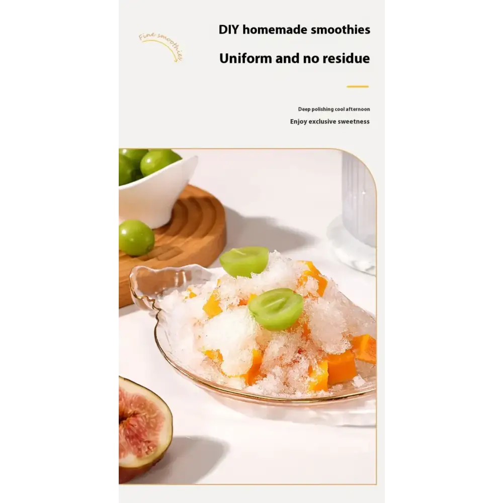 A clear glass bowl filled with shaved ice, orange fruit cubes, and green grape slices.