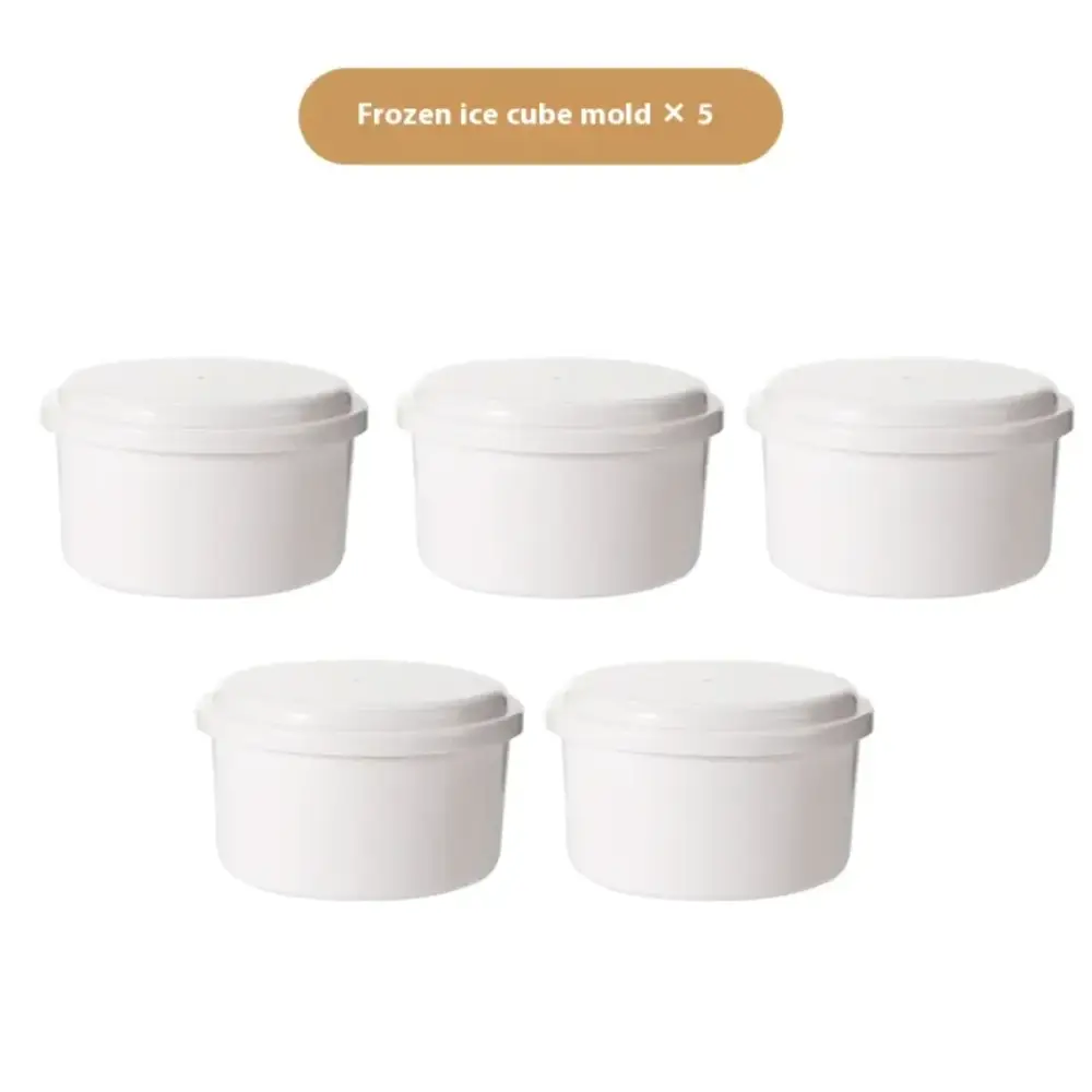 Set of five white plastic frozen ice cube molds with matching lids.