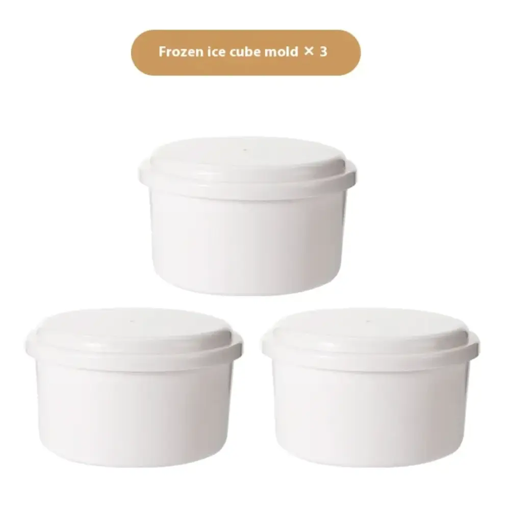 Set of three white plastic frozen ice cube molds with matching lids.