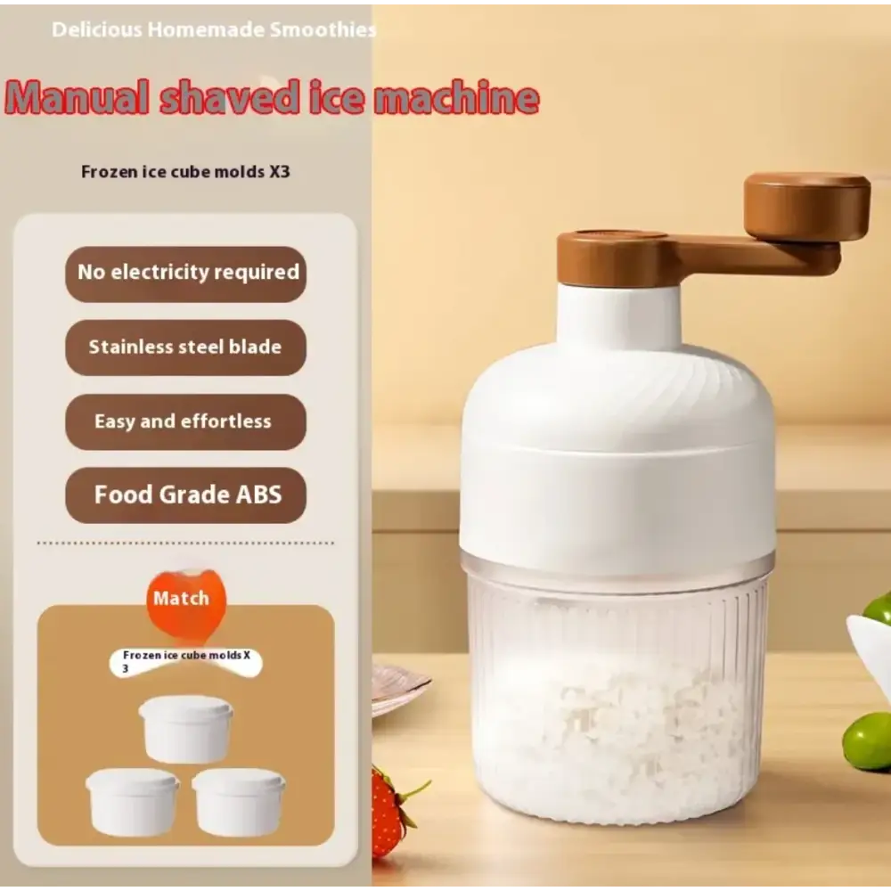 White manual shaved ice machine with a wooden handle and stainless steel blade.