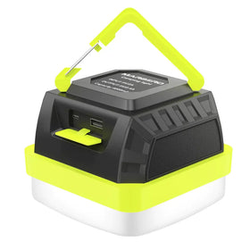 Black and neon yellow portable camping lantern with a white base, featuring usb ports and a triangular handle.