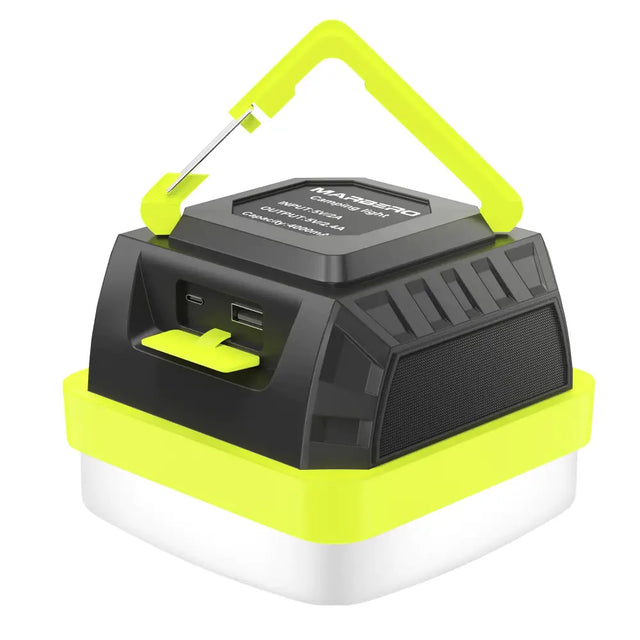 Black and neon yellow portable camping lantern with a white base, featuring usb ports and a triangular handle.