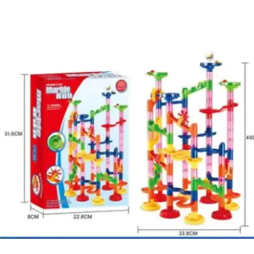 Colorful plastic marble run toy set with transparent tubes and vibrant red, blue, green, and yellow components.
