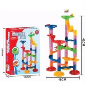Colorful plastic marble run toy set with red, blue, green, and yellow components.