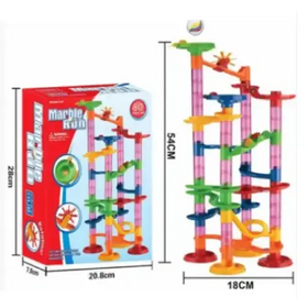 Colorful plastic marble run toy set with transparent pink and orange tubes, green platforms, blue supports, and red bases.