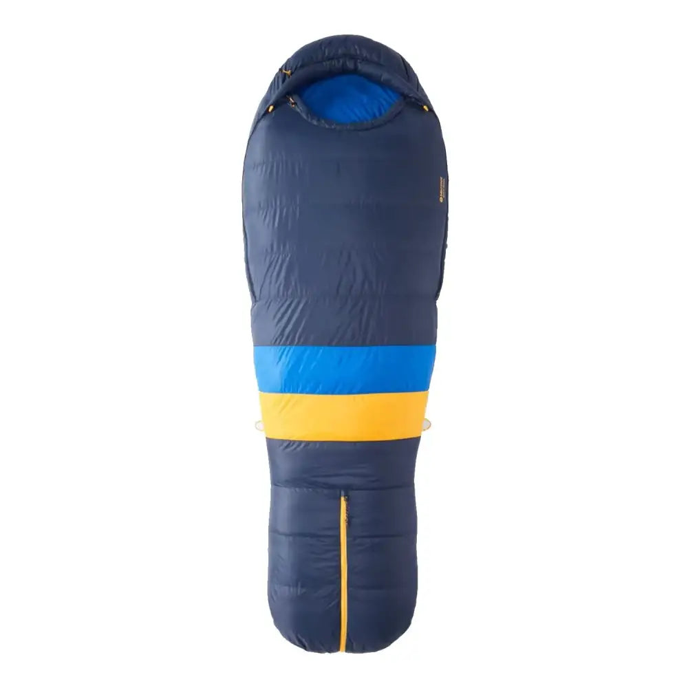 Navy blue sleeping bag with a bold horizontal stripe of bright blue and yellow, featuring a zipper along the bottom.