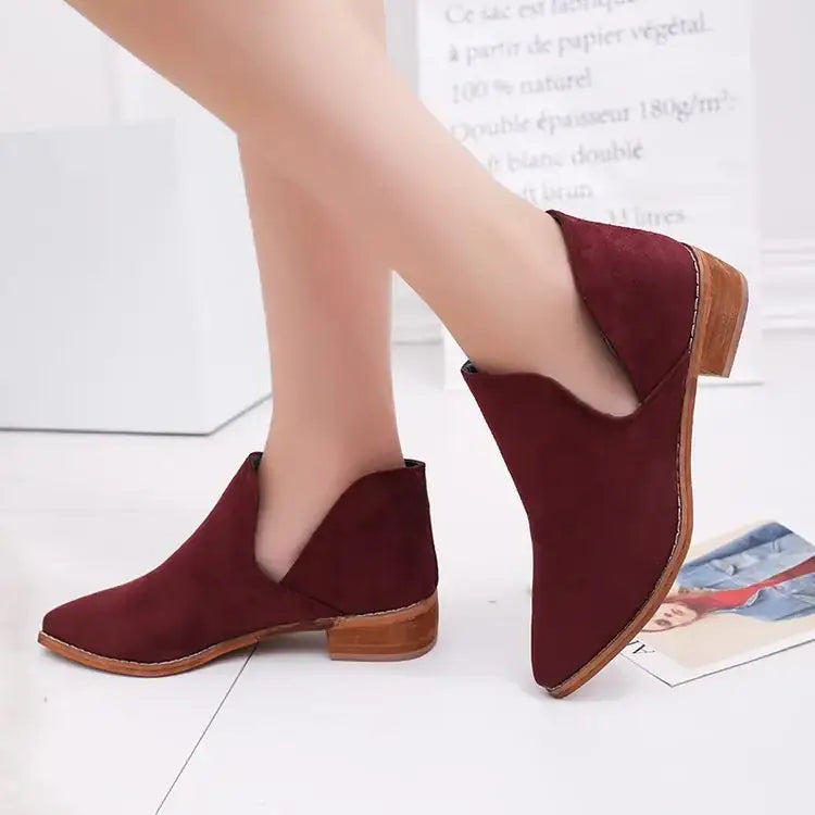 Maroon suede ankle boot with a low block heel and tan leather sole.