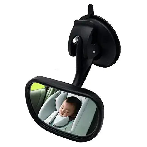 Black suction-cup mounted car rearview mirror with a curved reflective surface showing a sleeping child in a seat.