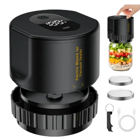 Black electric mason jar vacuum sealer with digital display and textured grip.