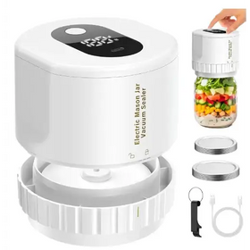 White electric mason jar vacuum sealer with digital display and textured grip.