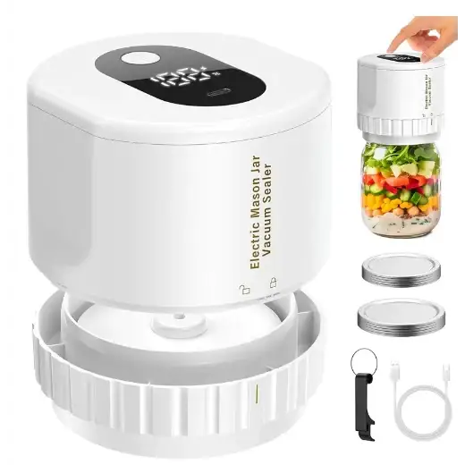 White electric mason jar vacuum sealer with digital display and textured grip.