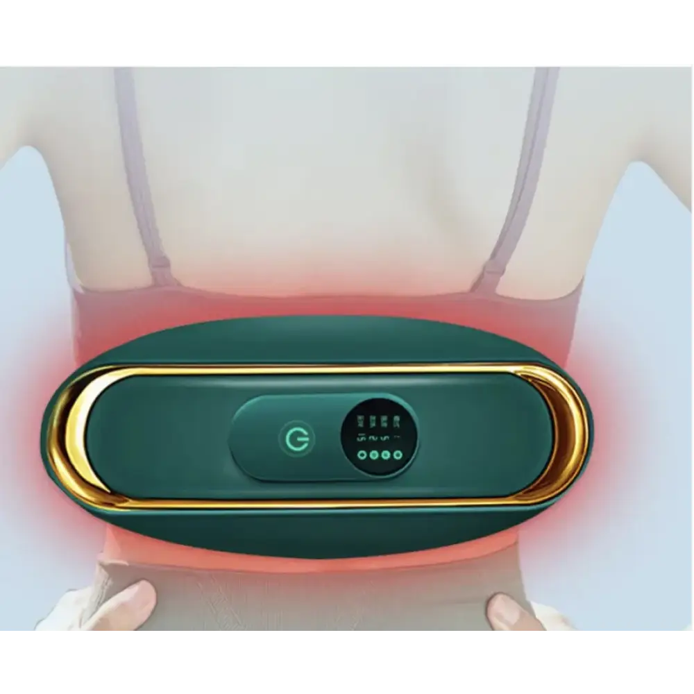 Dark green and gold-framed electric back massager with a digital display.