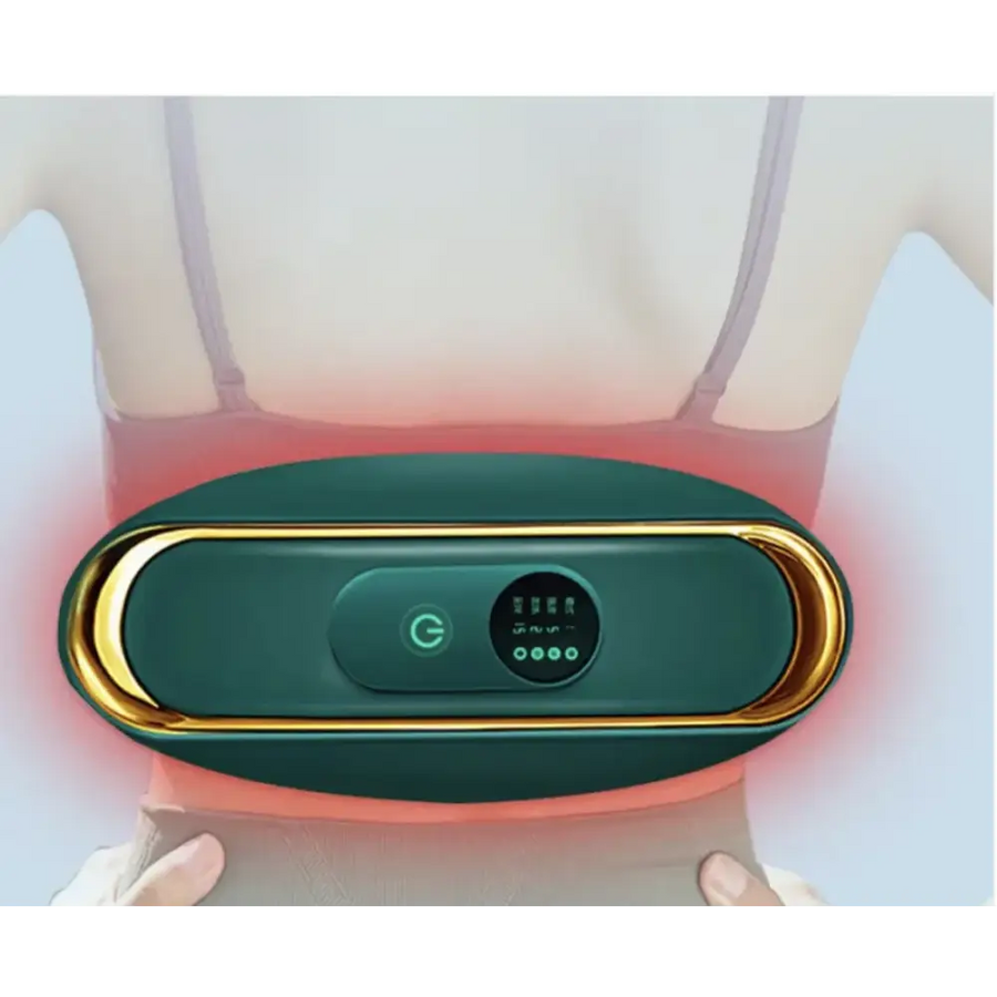 Dark green and gold-framed electric back massager with a digital display.