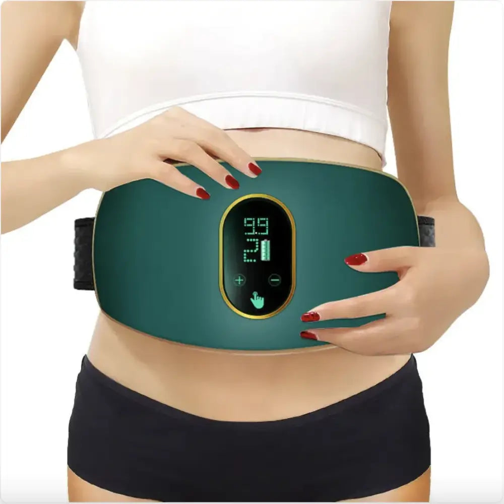 Teal-colored digital waist massager belt with gold-trimmed control panel and black adjustable straps.