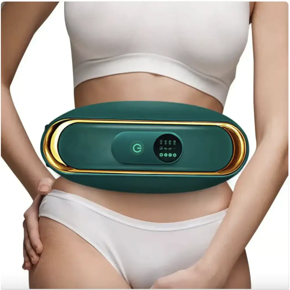Teal and gold abdominal massage belt with digital display.