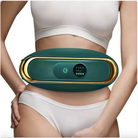 Teal and gold abdominal massage belt with digital display.