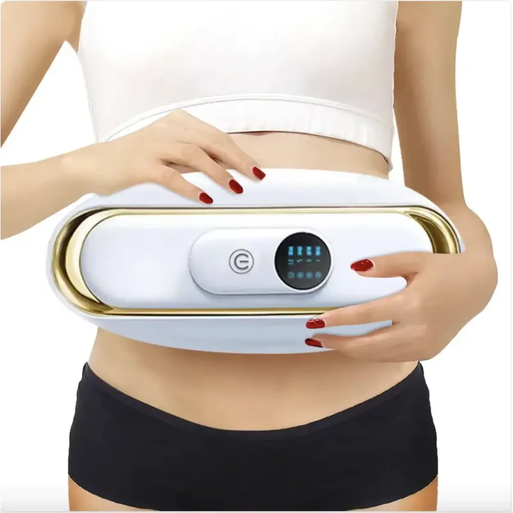 White and gold slimming belt with digital display and control button.