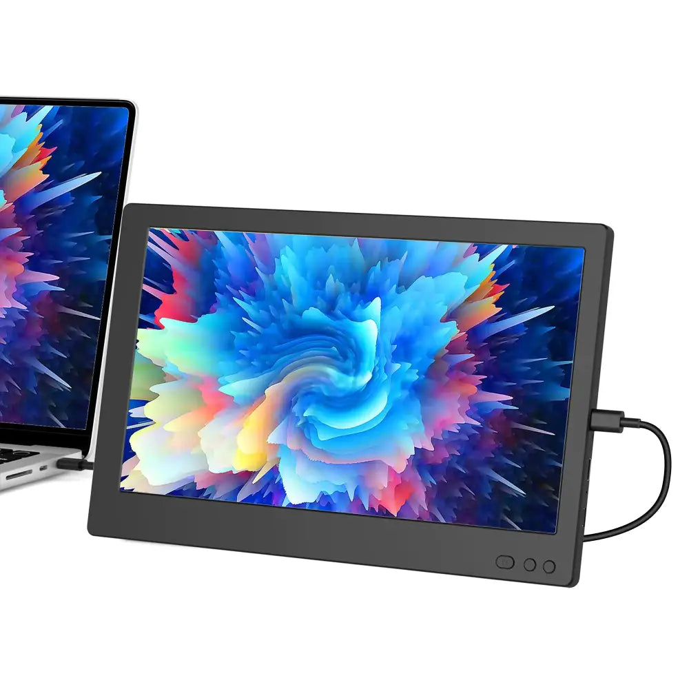Black-framed 10.1-inch portable monitor with a vibrant, colorful abstract display and three control buttons on the bottom bezel.