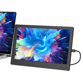 Black-framed 10.1-inch portable monitor with a vibrant, colorful abstract display and three control buttons on the bottom bezel.