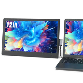 12-inch black portable monitor with a vibrant, colorful abstract display.