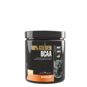 Black cylindrical container of maxler 100% golden bcaa powder with an orange label band and a black lid.