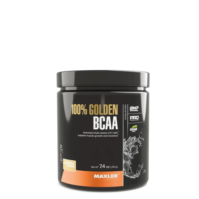 Black cylindrical container of maxler 100% golden bcaa powder with an orange label band and a black lid.