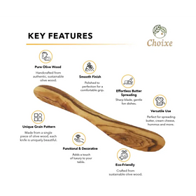 Handcrafted olive wood butter knife with a smooth, polished finish and unique grain pattern.