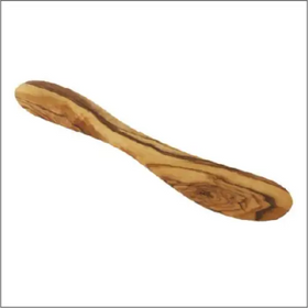 A smooth, handcrafted olive wood spreader with a natural grain pattern and warm golden-brown tones.