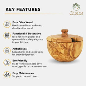 Hand-carved olive wood spice jar with a natural, swirling grain pattern and a small knob handle on the lid.