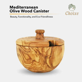 Handcrafted mediterranean olive wood canister with a natural, swirling grain pattern and warm golden-brown tones.