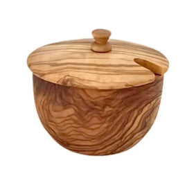 Handcrafted olive wood sugar bowl with a matching lid featuring a small knob handle and a cutout for easy access.