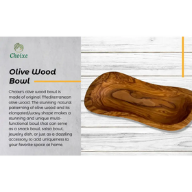 A handcrafted olive wood bowl with a rich, warm brown hue and natural wavy grain patterns.