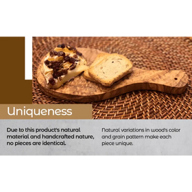 Handcrafted wooden cutting board with a natural wood grain and warm brown finish, featuring an organic shape and handle.