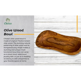 A handcrafted olive wood bowl with a rich, warm brown hue and striking natural wavy grain patterns.