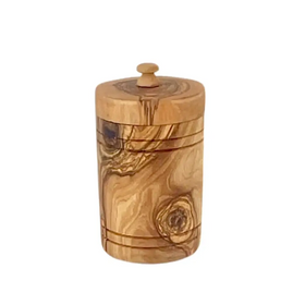 A cylindrical olive wood jar with a natural, light brown finish and visible grain patterns, featuring a matching lid topped by a small rounded knob.