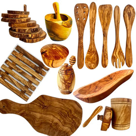 Handcrafted olive wood kitchen utensil set featuring natural grain patterns and warm golden-brown tones.