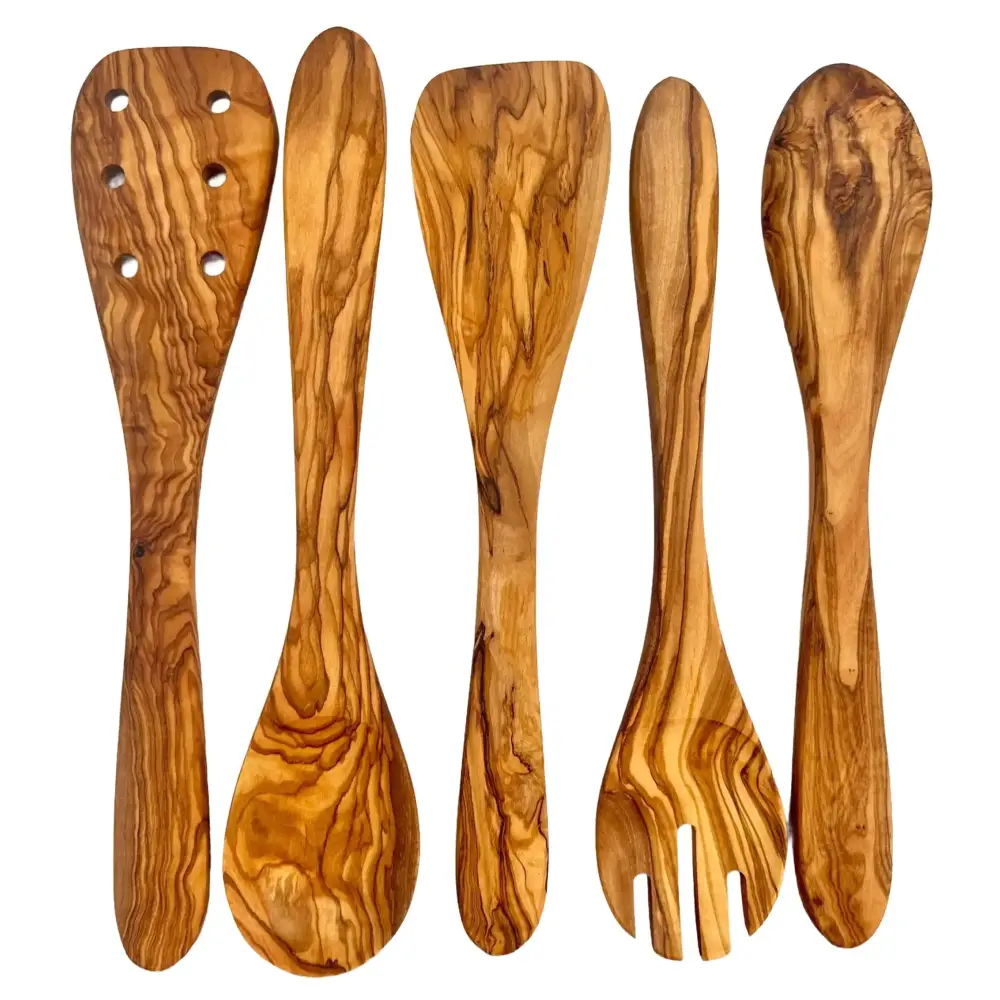 Set of five handcrafted olive wood kitchen utensils with natural grain patterns and warm golden-brown tones.