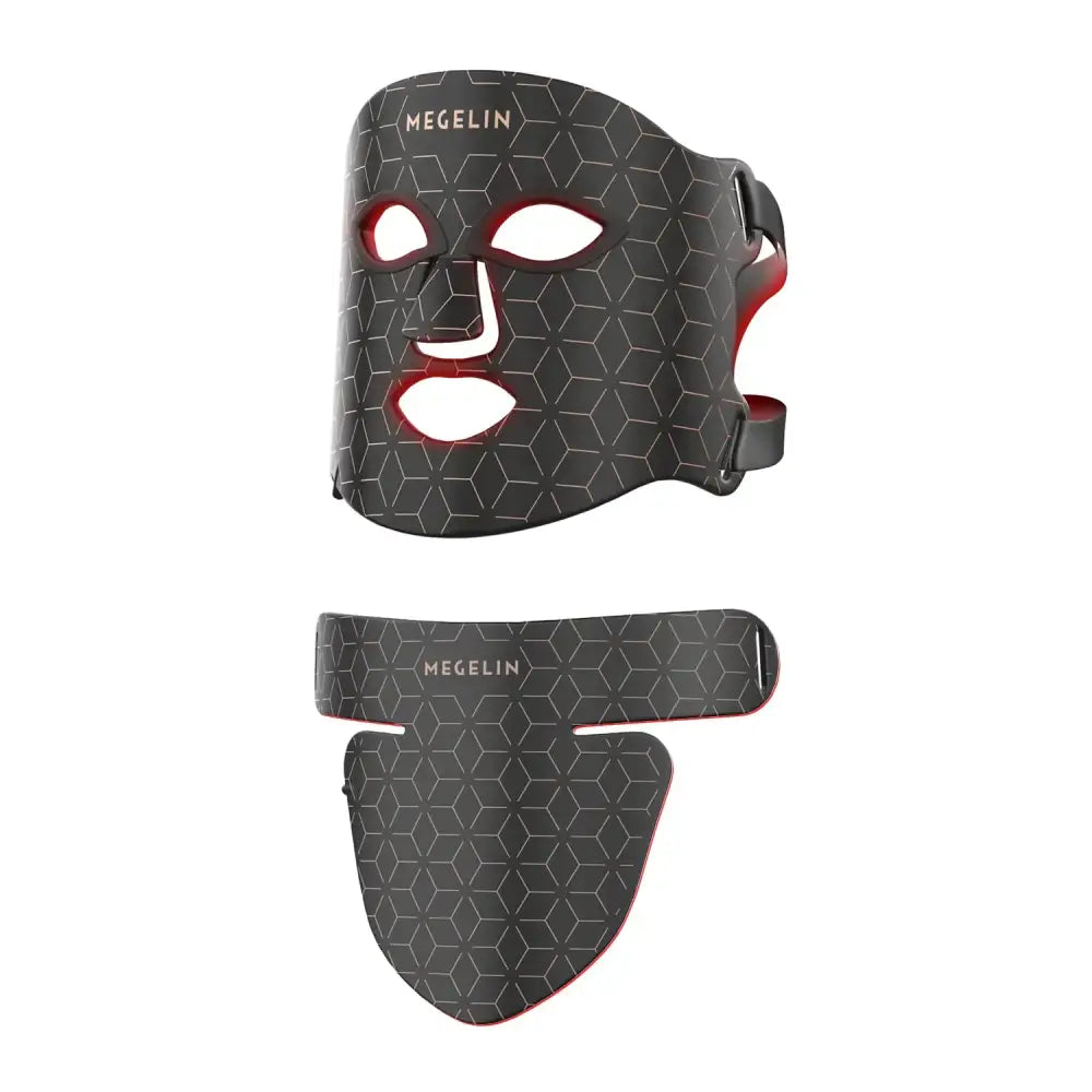 Black and red hexagonal-patterned megelin led facial mask with adjustable straps.